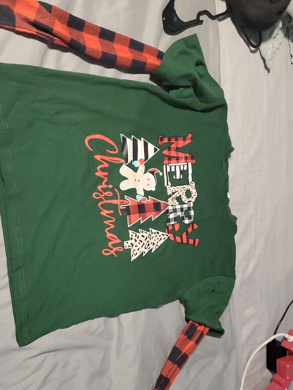 Green "Merry Christmas" Graphic Tee with Plaid Sleeve Detail